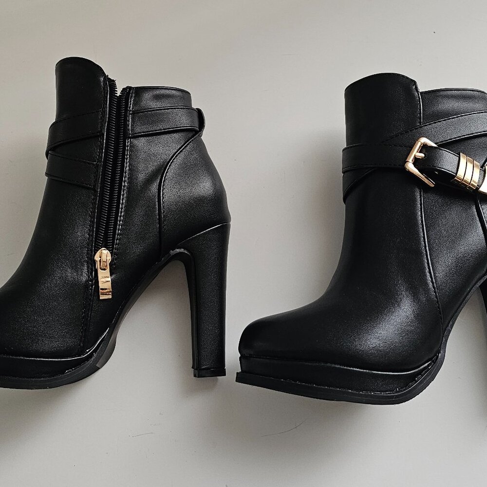 Black High-Heel Ankle Booties with Gold Buckle Accent - Picture 3 of 4